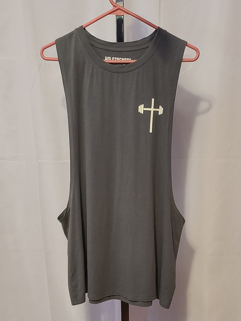 Mens Charcoal Muscle Tank With Barbell Logo
